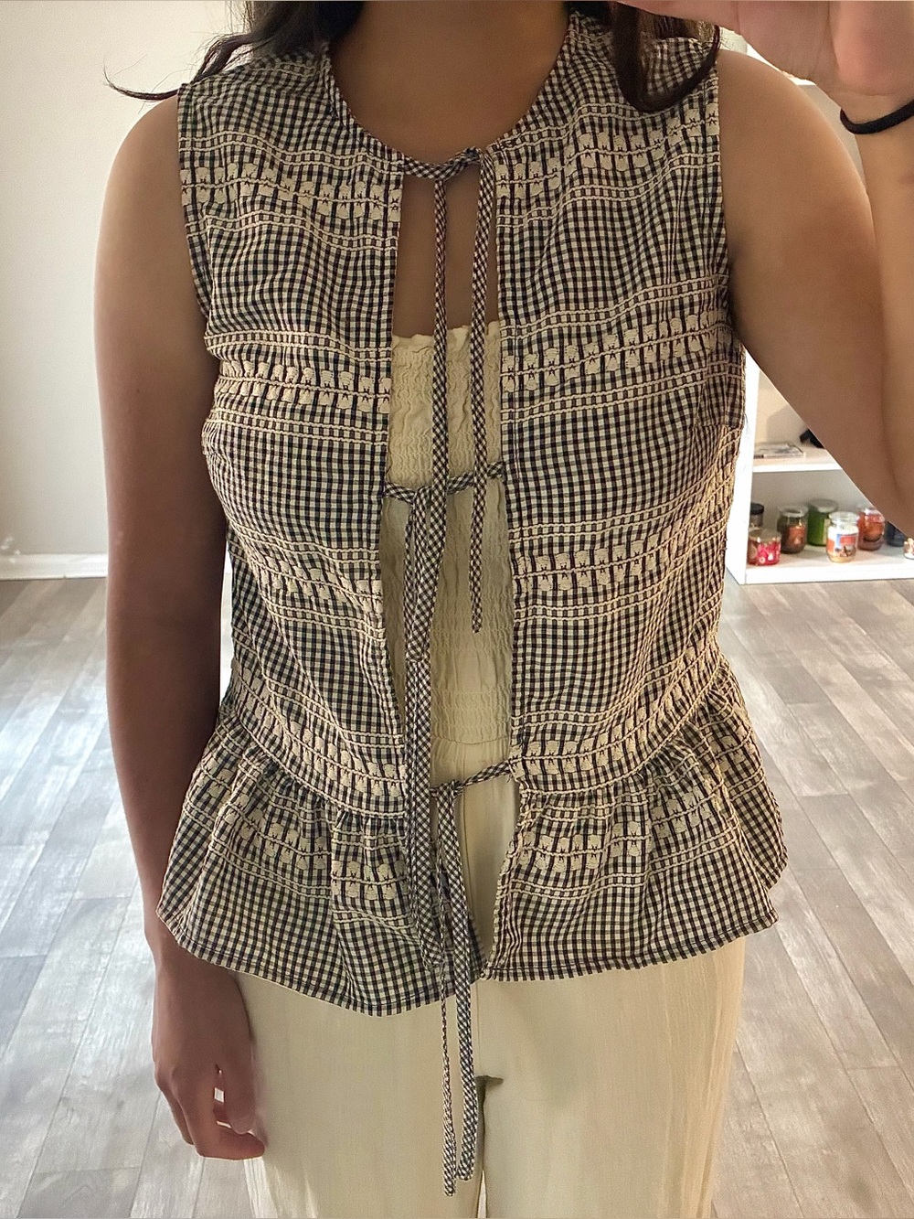 Black and beige gingham open tie front blouse with tie front Size Small